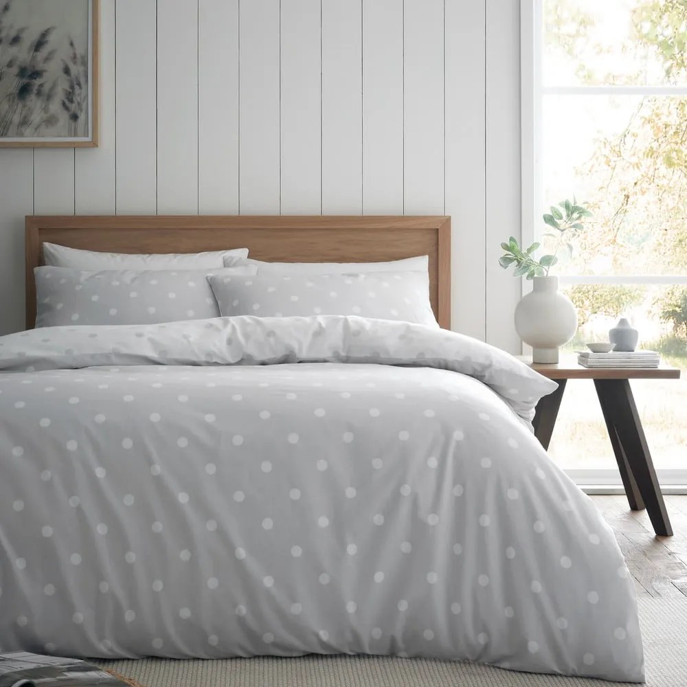 Set copripiumino e federa bianco e grigio in flanella per letto matrimoniale e per letto esteso 230x220 cm Polka Dot – Catherine Lansfield
