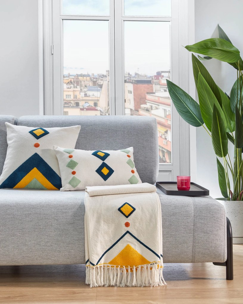 Kave Home - Coperta Itri 100% cotone bianco e rombi multicolori 130 x 170 cm
