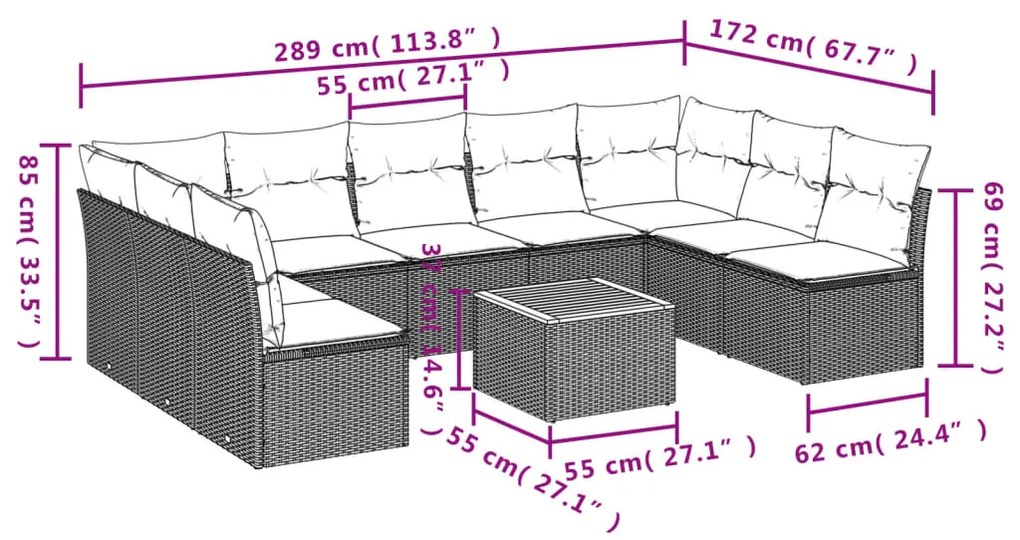 Set divano da giardino 10 pz con cuscini beige in polyrattan