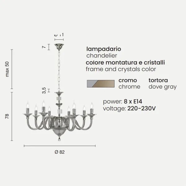 Lampada a sospensione GALA in vetro lavorato a mano con dettagli in metallo 8 LUCI ORO
