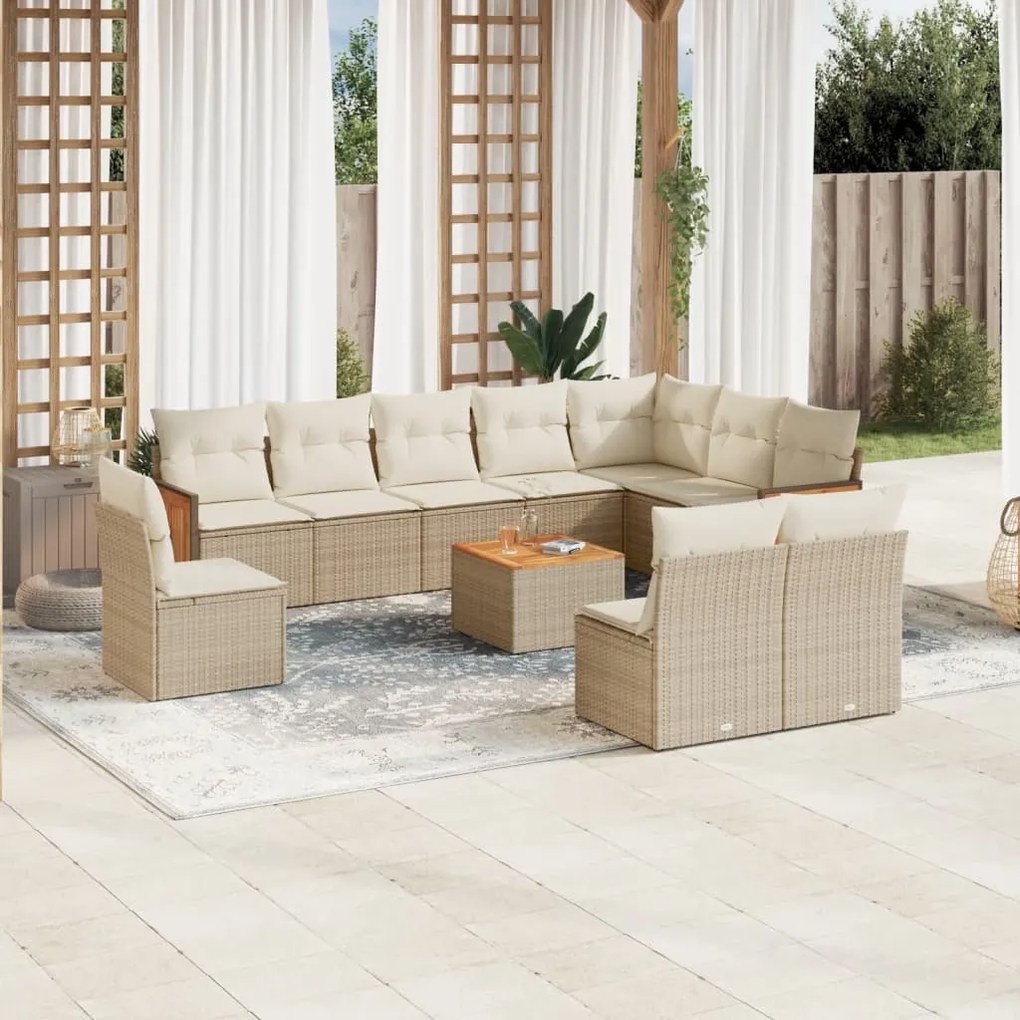 Set divani da giardino 11 pz con cuscini beige in polyrattan