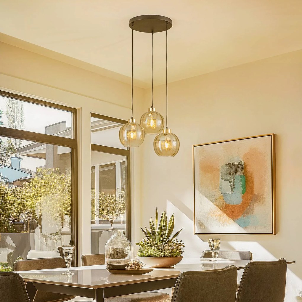 TK Lighting Lampada a sospensione Devi, ambra, 3 luci, rosone