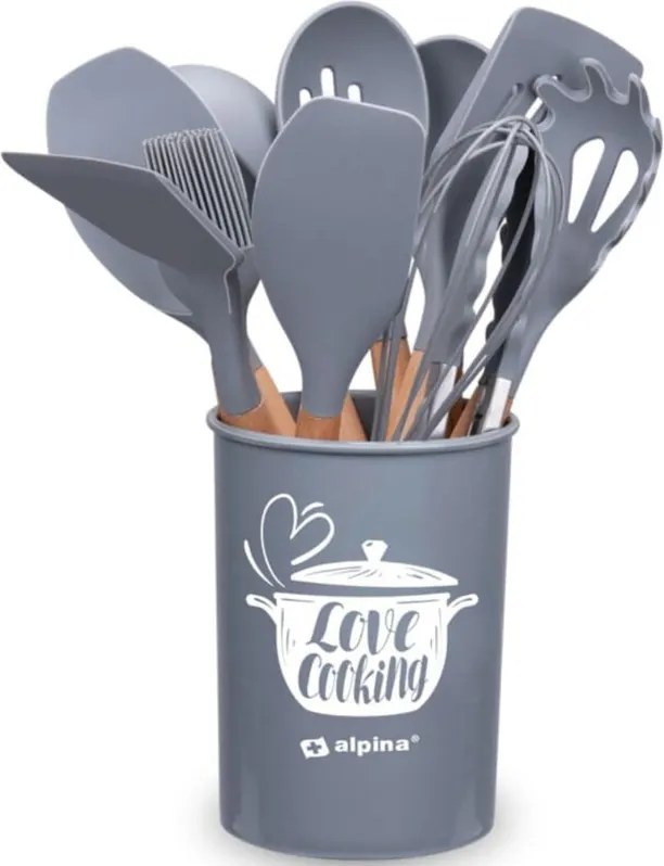 Set Utensili da Cucina Grigio e Supporto 12 Pezzi Utensili Silicone Manico Legno