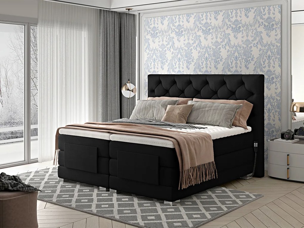 Letto motorizzato matrimoniale boxspring Manhattan - 180 x 200 cm , Tessuto nero