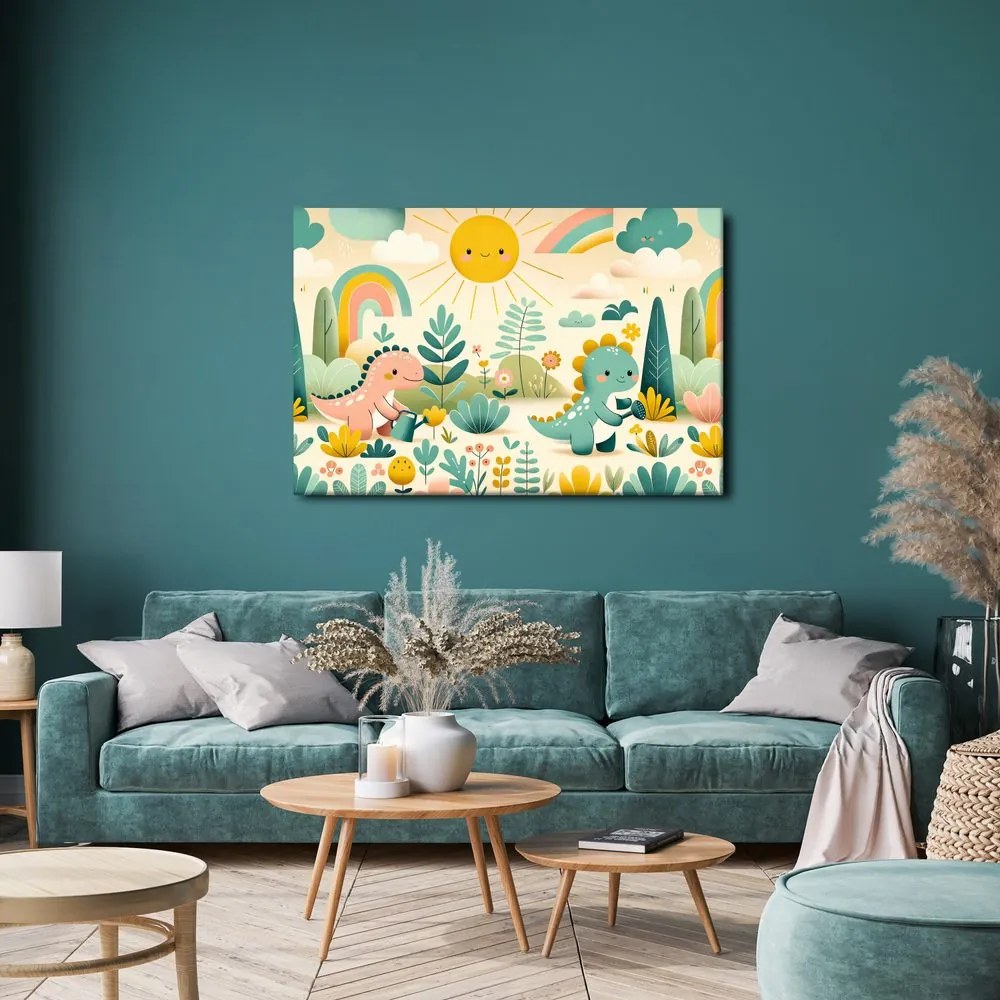 Quadro su tela – Giornata di gioco dei piccoli dinosauri nella natura