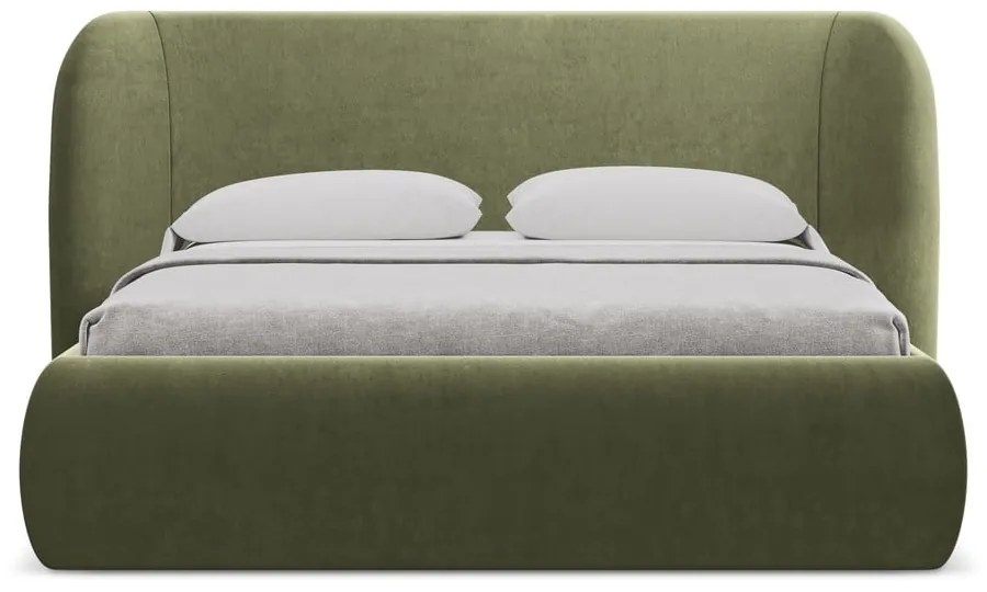 Letto matrimoniale imbottito verde con contenitore con griglia 160x200 cm Hauke - Makamii