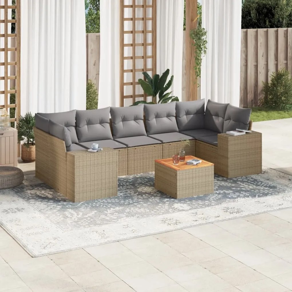 Set Divano da Giardino 8 pz con Cuscini Beige in Polyrattan