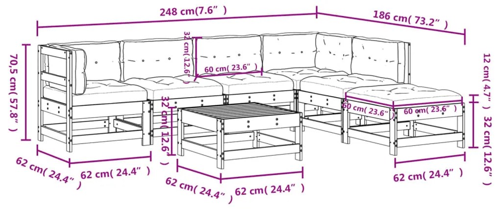 Set Divani da Giardino 7 pz con Cuscini in Legno Massello Nero