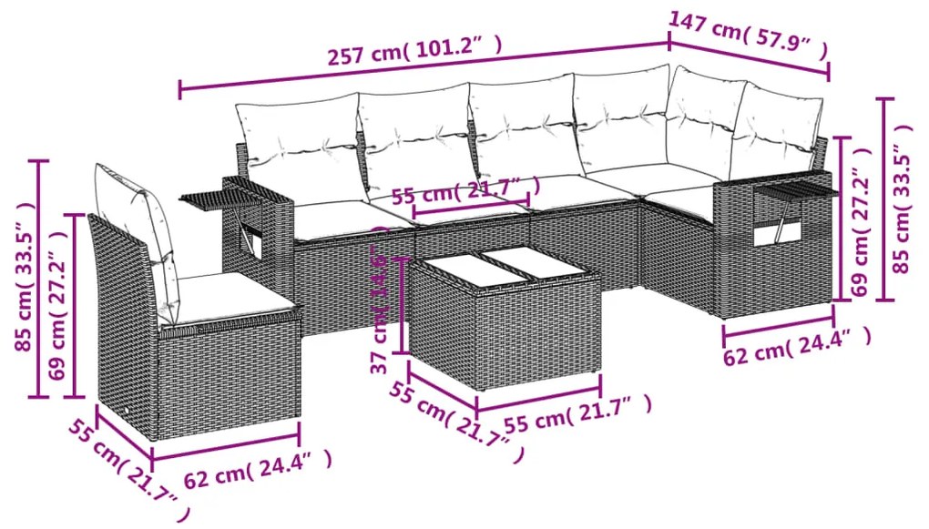 Set divani da giardino 7 pz con cuscini beige in polyrattan