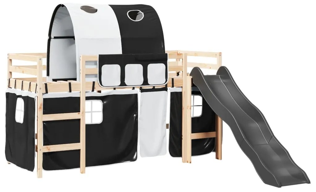 Letto a soppalco con tunnel bambini bianco e nero 90x190cm pino