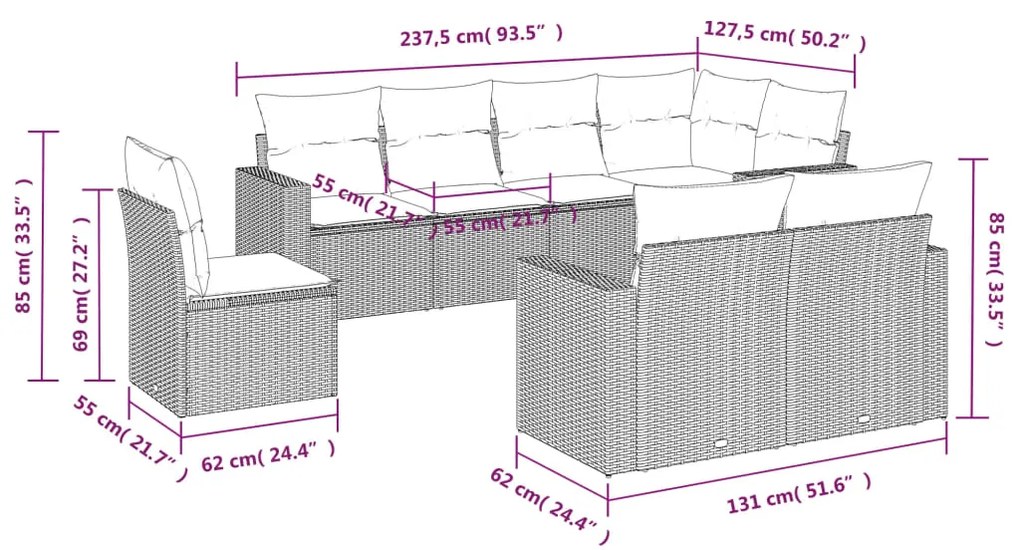 Set divano da giardino 8pz con cuscini grigio chiaro polyrattan