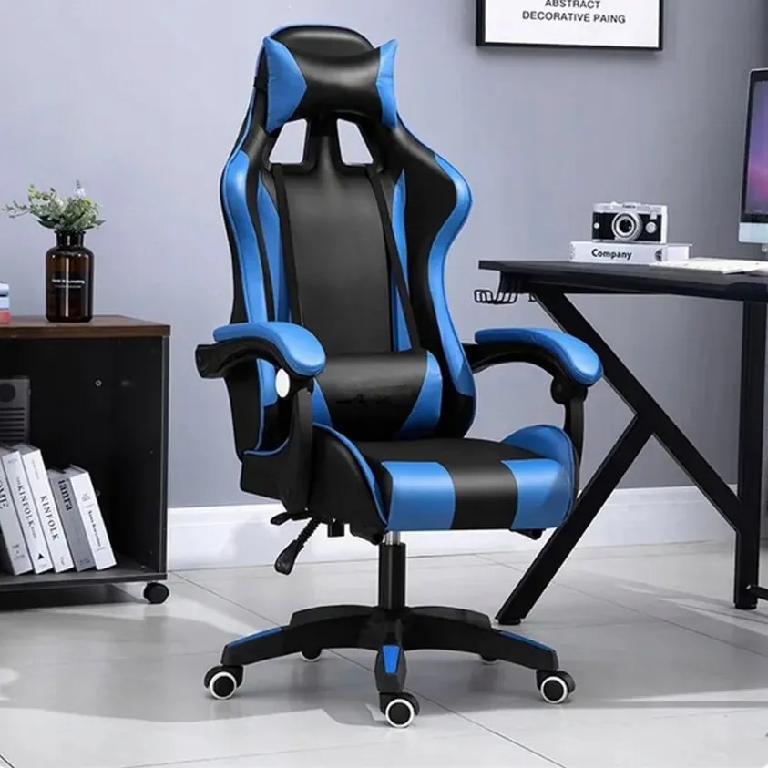 Comoda sedia da gaming con cuscino nero e blu