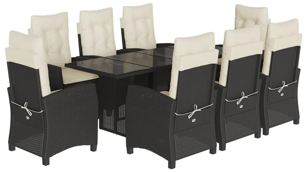 Set da pranzo da giardino 9 pz con cuscini nero in polyrattan