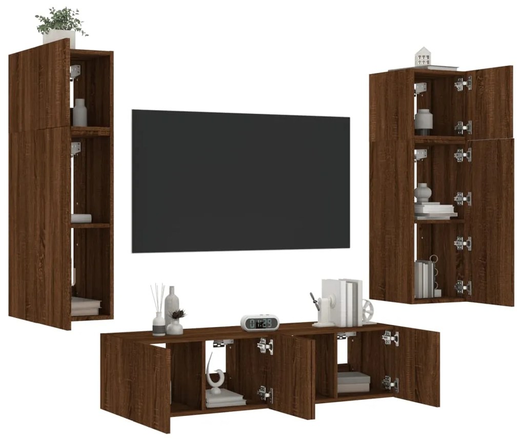 Mobili Tv A Muro Con Led 6pz Rovere Marrone Legno Multistrato /