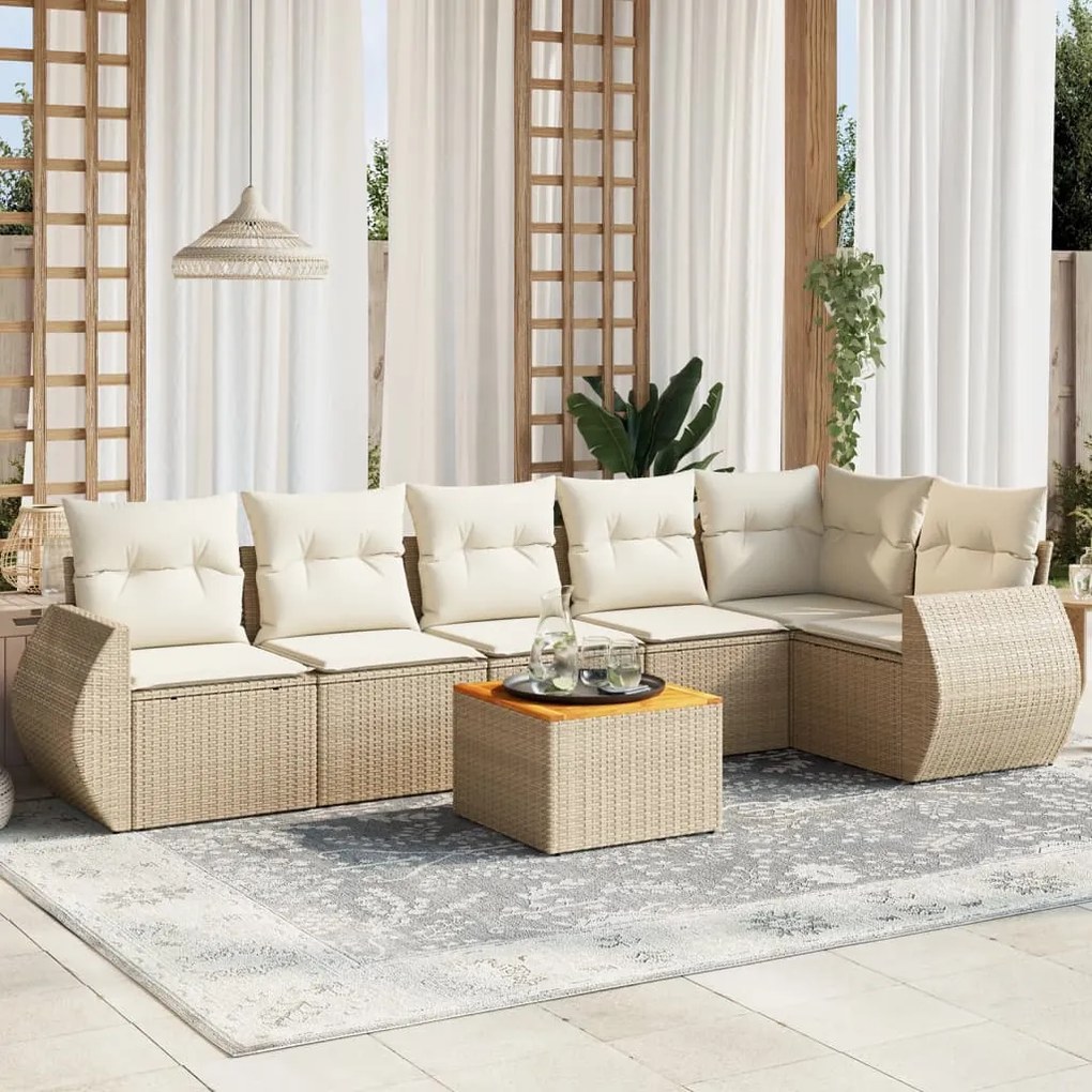 Set Divani da Giardino 7 pz con Cuscini Beige in Polyrattan