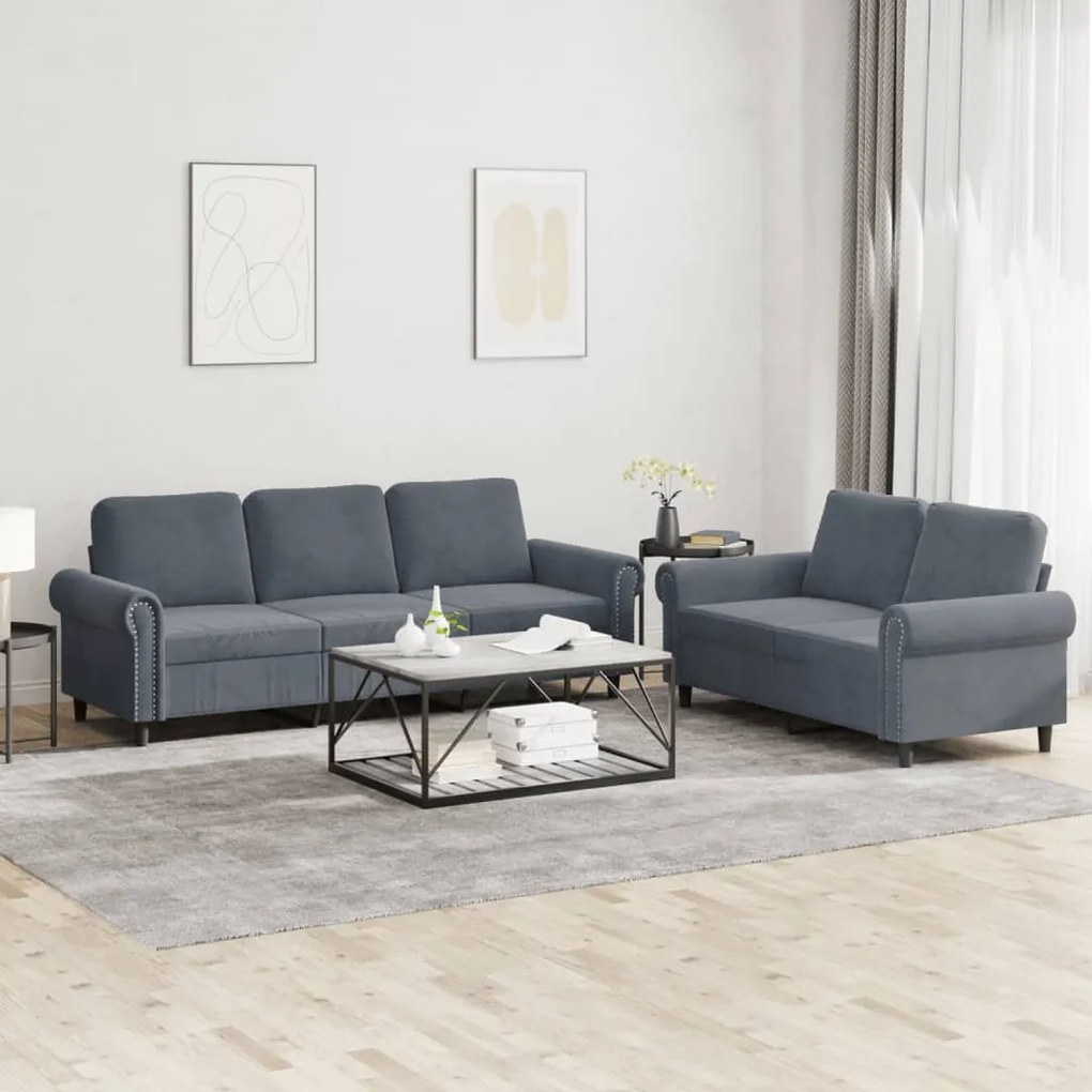Set Di Divani 2 Pz Con Cuscini Grigio Scuro İn Velluto /
