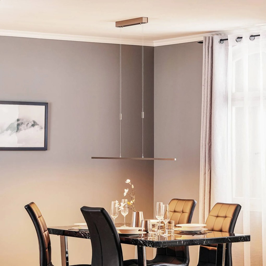 Lampada a sospensione Quitani LED Tolu, nichel, lunghezza 118 cm Tolu Quitani, dimmerabile, Alluminio / Grigio / Zincato, Soggiorno / Sala da pranzo, Alluminio, Moderno