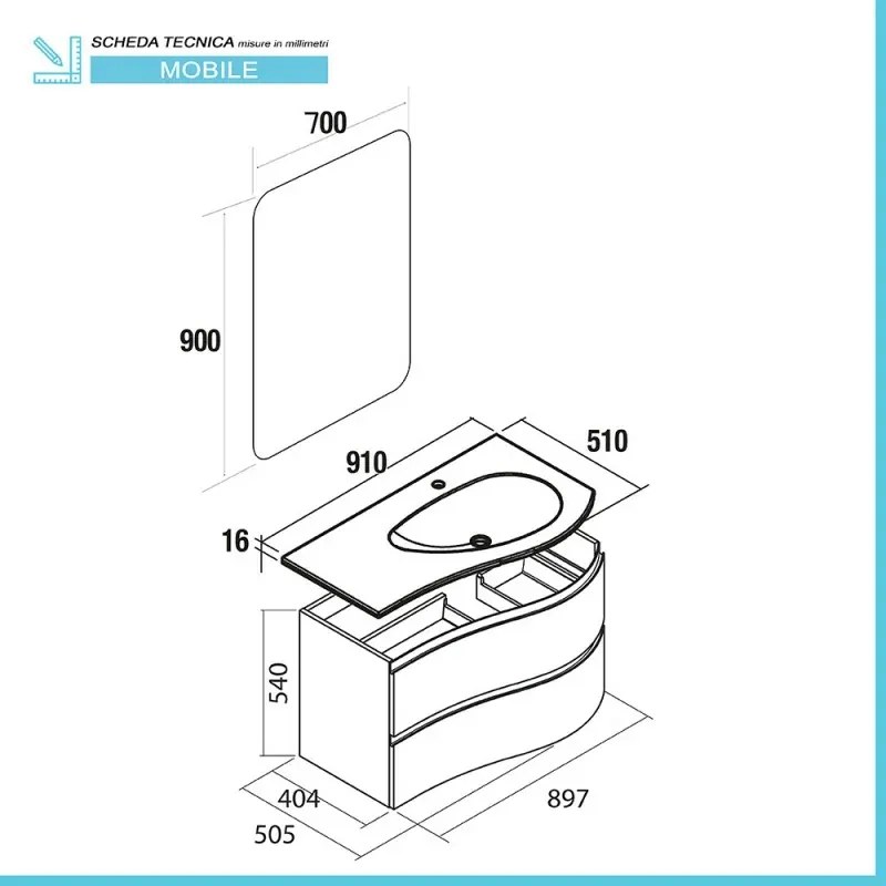 Mobile bagno sospeso 90 cm Melody bianco opaco con vasca a destra