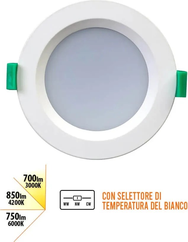 Faro da incasso LED 10W 3in1 IP44 Dimmerabile Foro ø89mm - 109mm Colore Bianco Variabile CCT