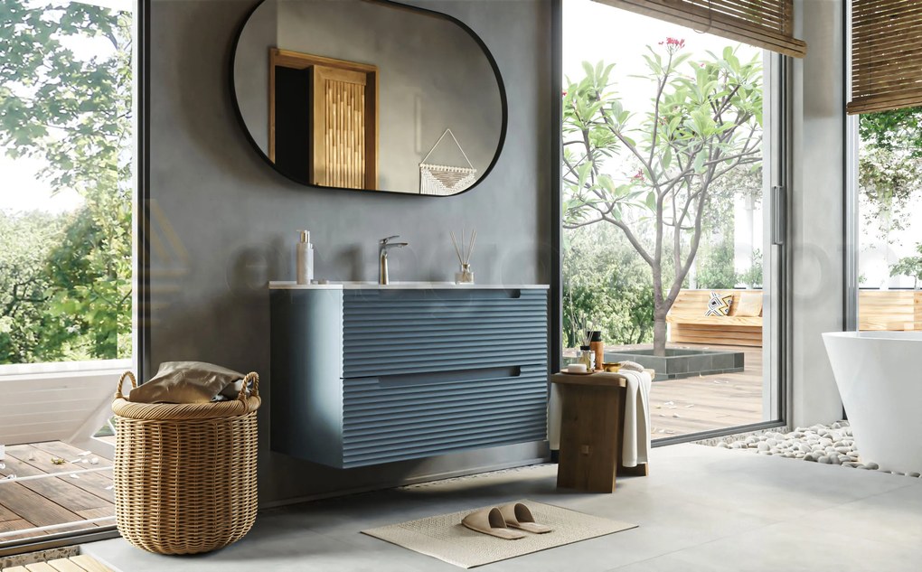 Mobile bagno sky blue 100x45 Mango due cassetti maniglia incassata con lavabo in ceramica lucida