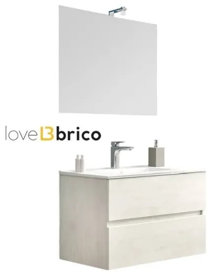 Mobile da bagno sospeso 80 cm con lavabo, specchio e led rovere bianco