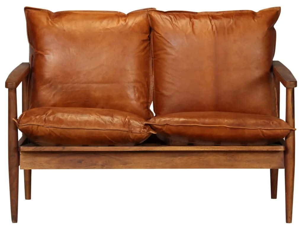 Set divani 3 pz in vera pelle e legno massello acacia marrone