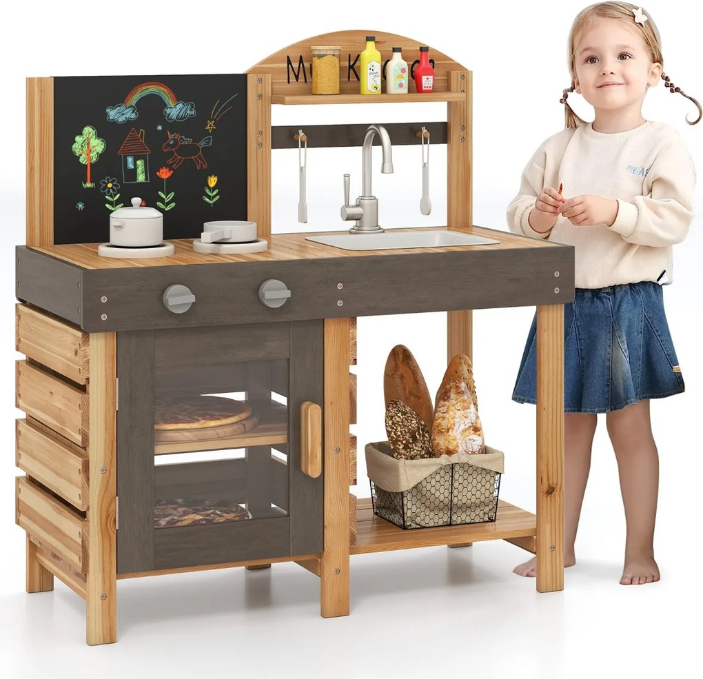 Costway Cucina giocattolo in legno con lavagna e fornelli e mensole di stoccaggio, Cucina da esterno per il gioco di ruolo Naturale
