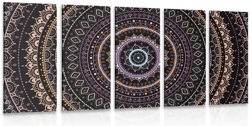 Quadri 5 pezzi – Mandala con motivo del sole in tonalità viola