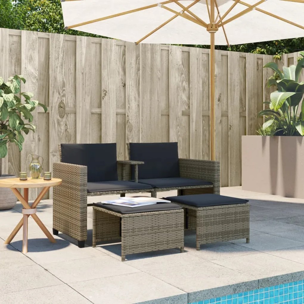 Divano giardino 2 posti con tavolo e sgabelli grigio polyrattan