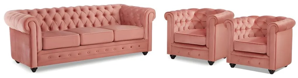 Divano CHESTERFIELD 3 posti e 2 poltrone in velluto Rosa cipria