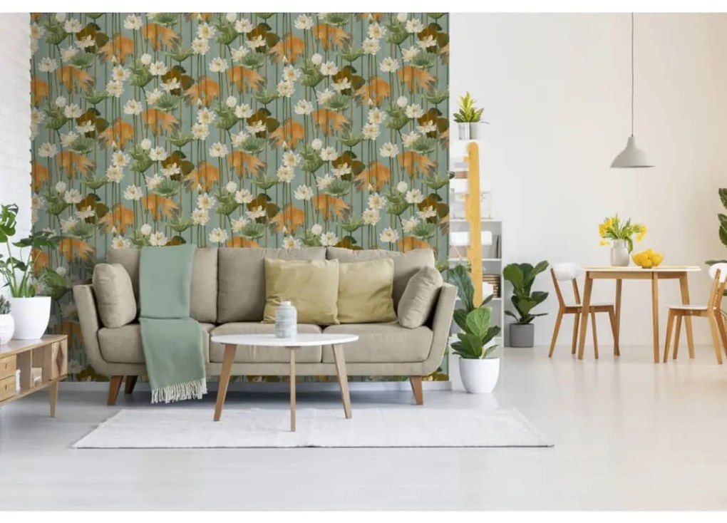 DUTCH WALLCOVERINGS Carta da Parati Pesce/Fiore Verde