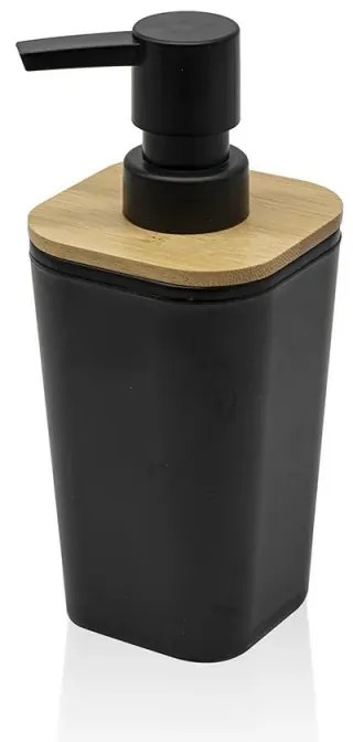 Dispenser sapone in finitura nera opaca con dettagli in bambù