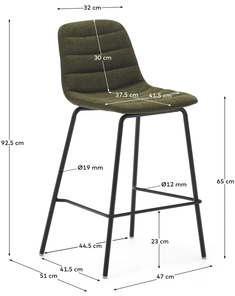 Kave Home - Sgabello Zunilda in ciniglia verde scuro e acciaio con finiture nero opaco, altezza 65 cm