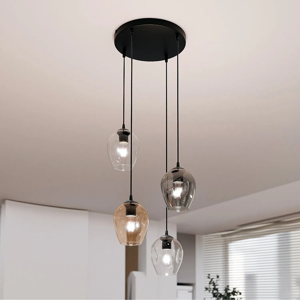 Lampadario 4 Luci Fuxi Base Tonda Acciaio Nero E Vetri Ambra Trasparente E Fumè