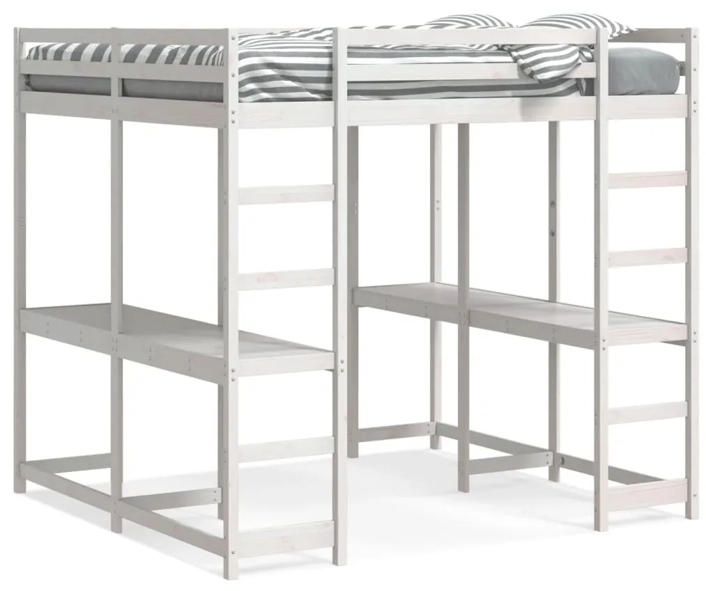 Letto Soppalco Scrivania E Scala Bianco 200x200cm Massello Pino /