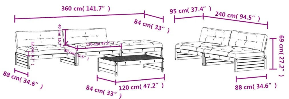 Set Divani da Giardino 6pz con Cuscini in Legno Massello Grigio