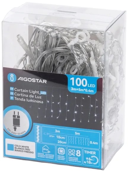 Aigostar - Catena luminosa a LED per esterni 100 LED / 8 funzioni 5 x 0,4 m IP44 bianco freddo
