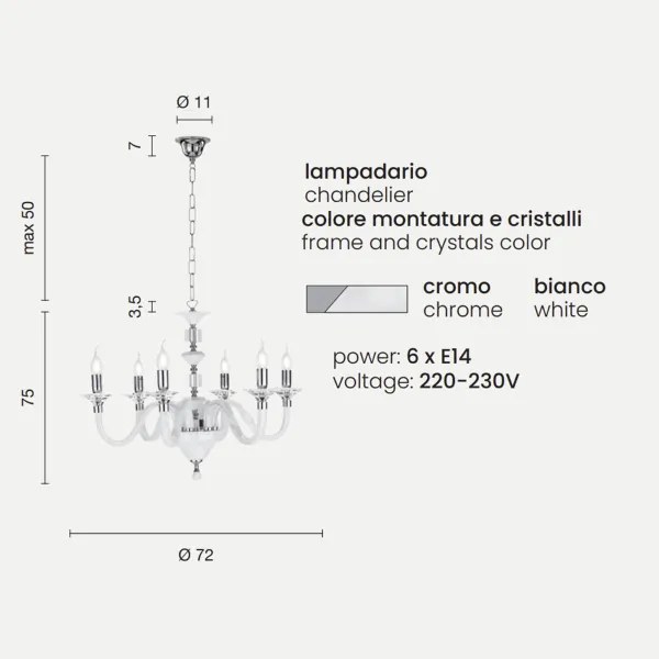 Lampada a sospensione GALA D72 cm in vetro lavorato a mano con dettagli in metallo 6 LUCI BIANCO