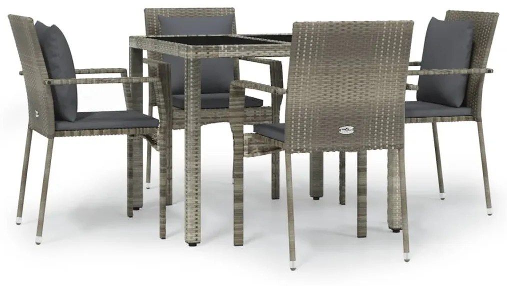 Set da pranzo da giardino 5 pz con cuscini in polyrattan grigio