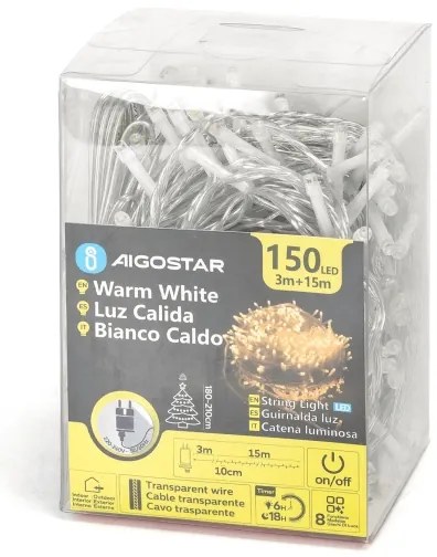 Aigostar - Catena LED natalizia da esterno 150xLED/8 funzioni 18m IP44 bianco caldo