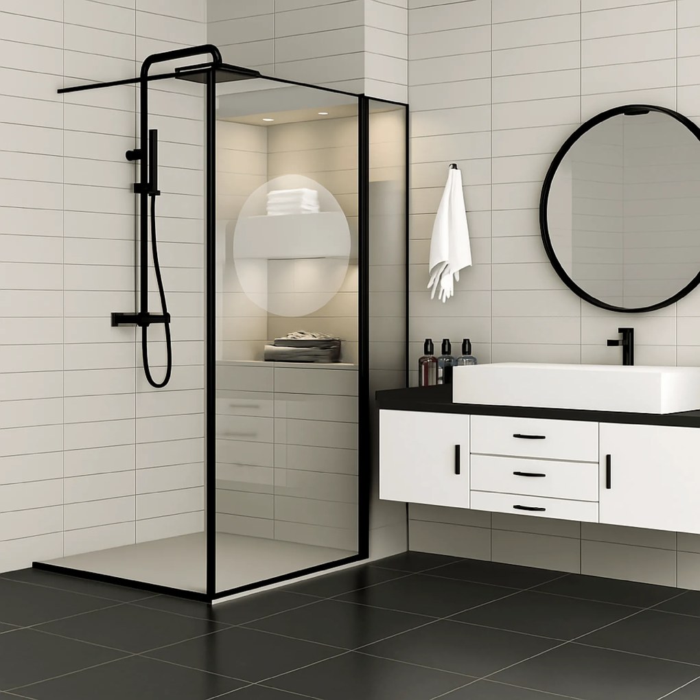Box Doccia Walk-In 87,5/90 Cm Con Braccio Telescopico Giava "Style" Nero/Vetro Trasparente