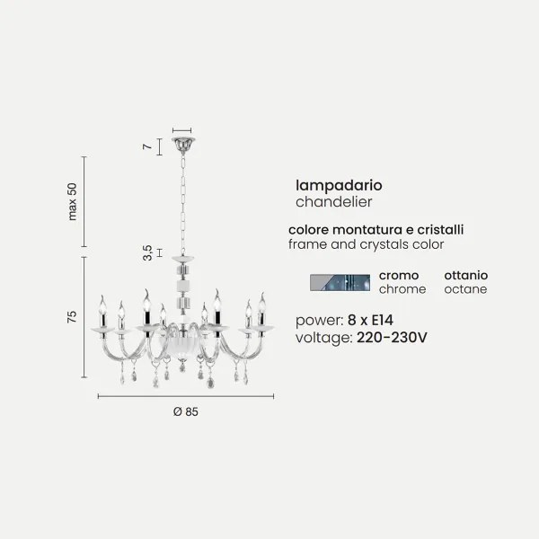 Lampadario sospeso LIVIA D85 cm in vetro e cristallo Ottanio 8 luci