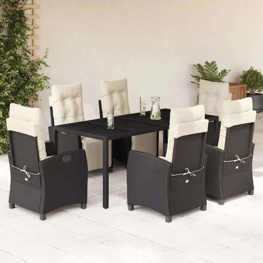 Set da pranzo da giardino 7 pz nero con cuscini in polyrattan