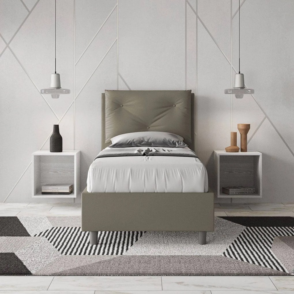 Letto singolo 80x200 imbottito similpelle, rete o contenitore, Made in Italy, Cappuccino / Contenitore