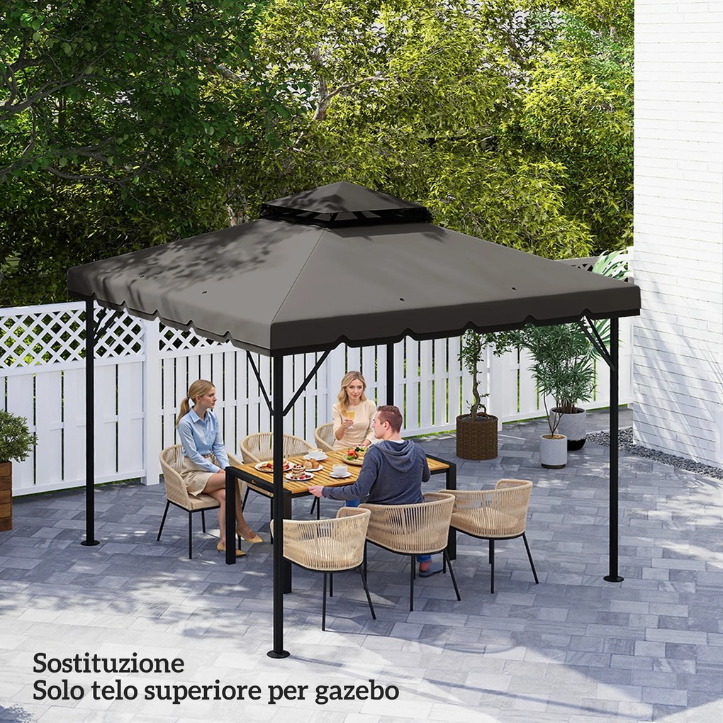 Telo di Ricambio Copertura per Gazebo 3x3 m a 2 Livelli con 8 Fori di Drenaggio in Poliestere Grigio Chiaro e Scuro...