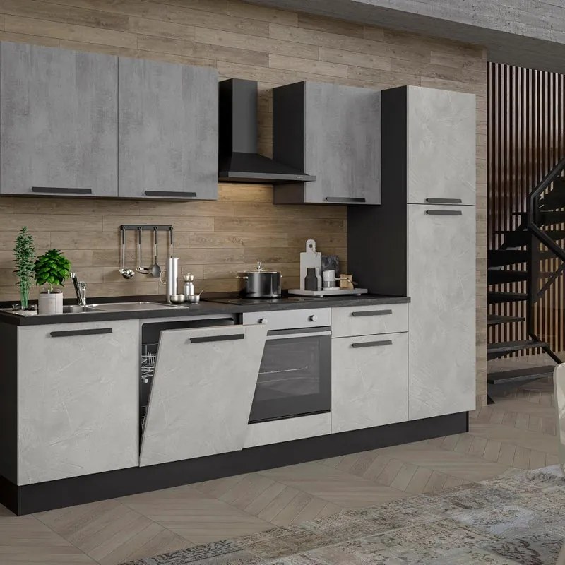 Cucina montata Dora bianco e grigio chiaro, lavello a sinistra, L.300 cm, completa di: cappa a camino, piano cottura a induzione, forno, lavastoviglie e frigorifero