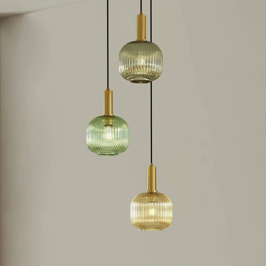 Lindby lampada a sospensione Doroteo, a 3 luci, verde/ambra/grigio, vetro