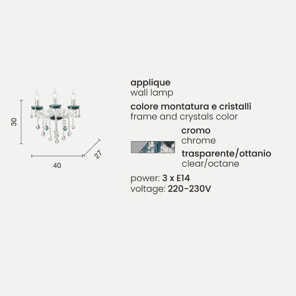 Applique DAMASCO 40x27 cm a 3 luci con decorazioni in cristallo Ottanio