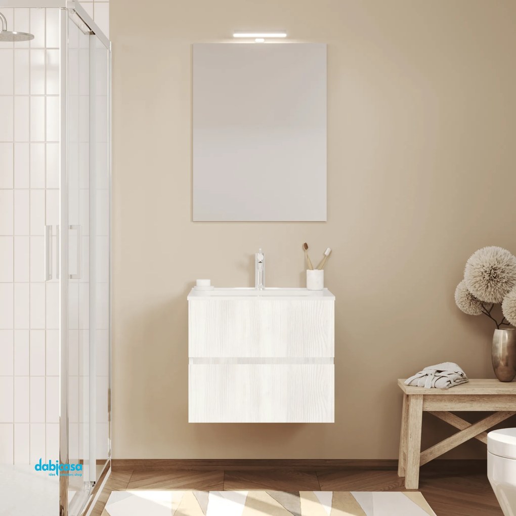 Mobile Bagno Sospeso "Easy" Da 60 Cm Composto Da Due Cassetti Lavabo E Specchio Con Lampada Led Rovere Bianco