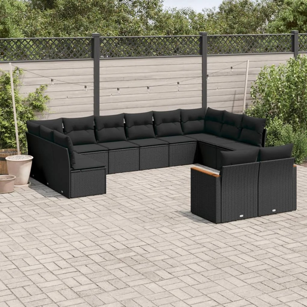 Set divani da giardino 12 pz con cuscini nero in polyrattan